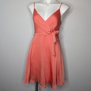 Express peach satin tie bow accent waist v neck spaghetti strap dress XXS
